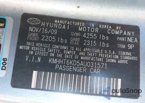 2010 Hyundai Genesis 2.0T z USA, uszkodzony, nr VIN KMHHT6KD5AU031571